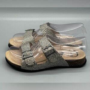 Abeo Blythe Double Buckle Strap Slip On Sandals Tan Silver Black Womans 6.5